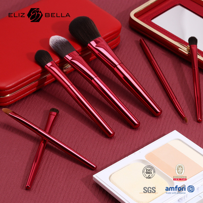 6 stuks rood metalen handvat professionele make-up borstels met cosmetische doos