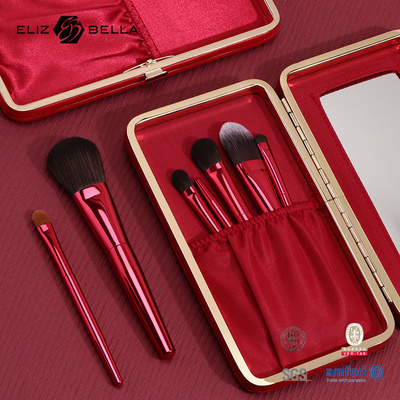 6 stuks rood metalen handvat professionele make-up borstels met cosmetische doos