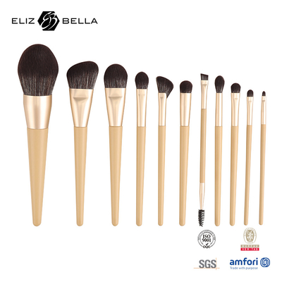 11 stukken houten handvat schoonheid make-up borstel set aluminium ferrule cosmetische borstels,synthetische haarborstel set