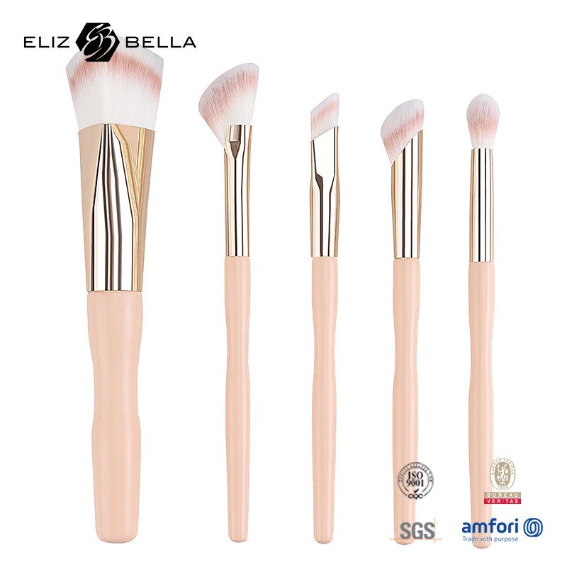 5pcs Fabrieksprijs Custom Logo 100% Synthetisch Haar Vegan Gezicht Oog Make-up Borstel Set,Houten Handvat En Aluminium Ferrule
