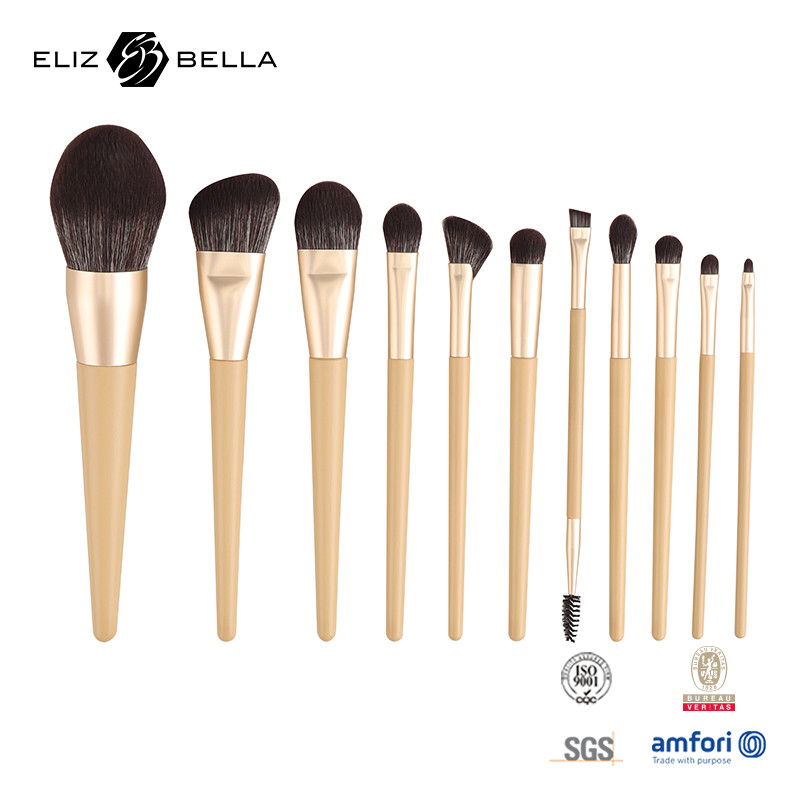 11 stukken houten handvat schoonheid make-up borstel set aluminium ferrule cosmetische borstels,synthetische haarborstel set