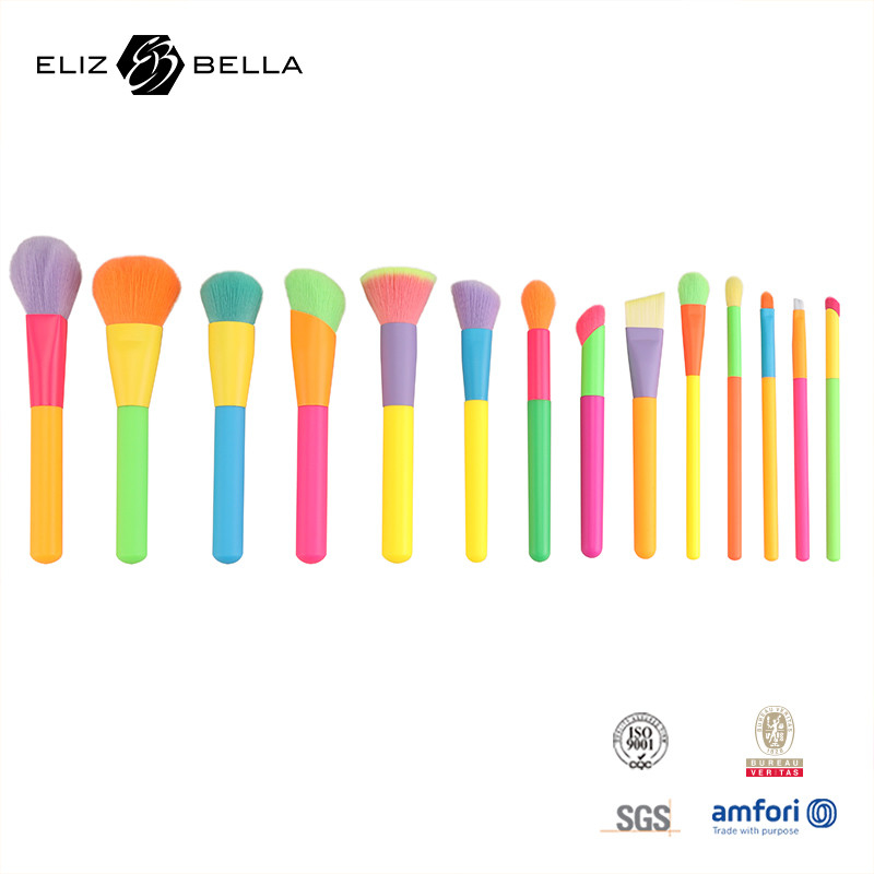 14pcs Custom Design Make-up Brush Set Kleurrijk Handvat en Aluminium Ferrule inbegrepen