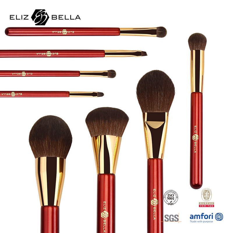 Rood houten handvat cosmetische borstel met synthetisch haar make-up borstels met gouden aluminium ferrule