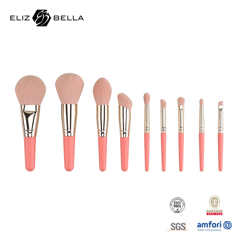 9PCS Schattige make-up borstels Set met aan te passen korte houten handgreep 100% synthetisch haar Private Label OEM